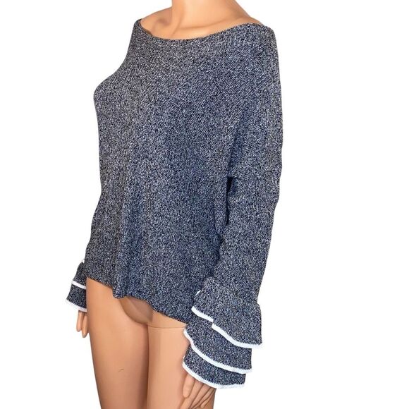 Express Off-Shoulder Sweater w Ruffled Sleeves Womens Size Medium Gray and White - Picture 3 of 6